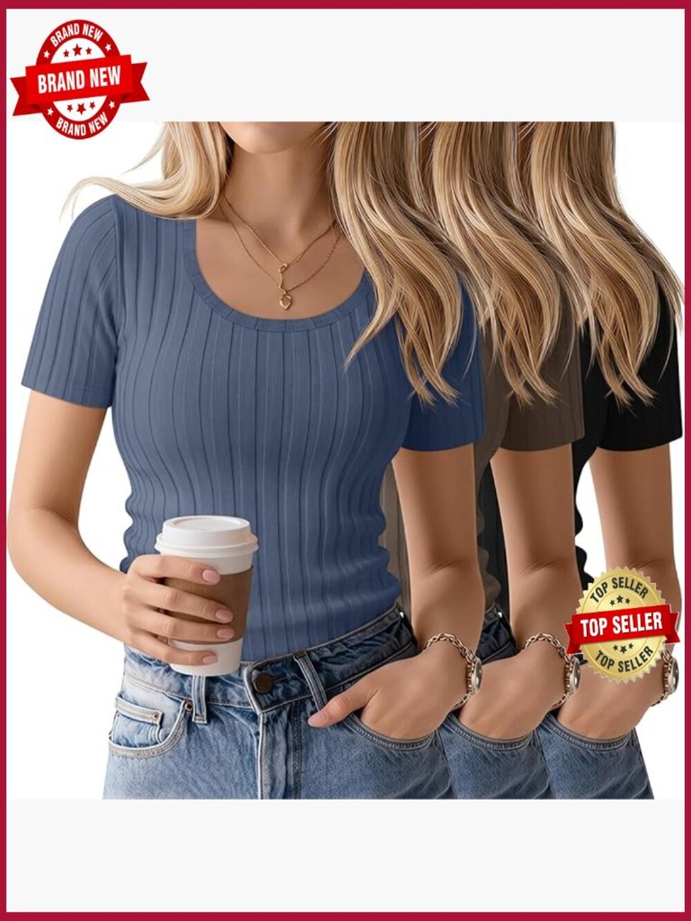 Cotton Scoop Neck Ribbed Knit Tops 3 Pack Slim Fit Summer Tees